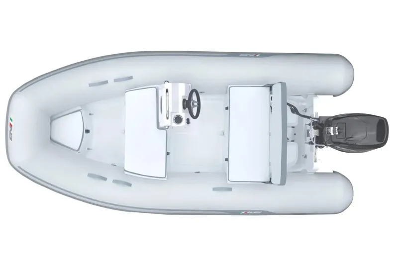Slide: The Image of 2026 AB Inflatables Mares 12 VSX boat with Mercury outboard motor, side view. - 2