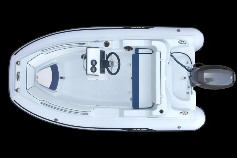 Slide: The Image of 2026 AB Inflatables Nautilus 11 DLX boat, top view, white with blue seating. - 2