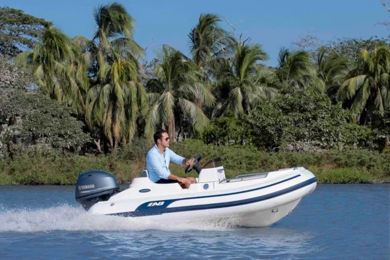 Slide: The Image of Man driving 2026 AB Inflatables Nautilus 11 DLX near palm trees. - 9