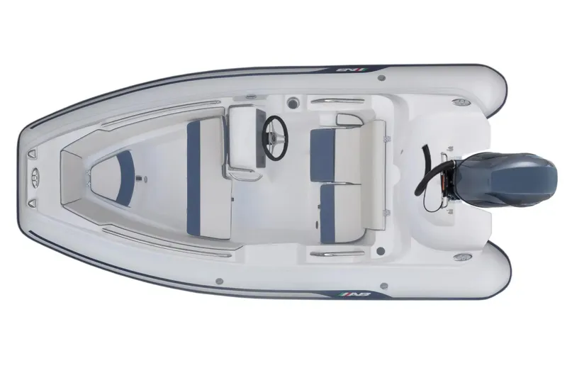 Slide: The Image of 2026 AB Inflatables Nautilus 13 DLX boat with Yamaha outboard motor, side view. - 2