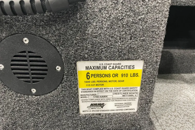 Slide: The Image of 2026 Crestliner 1750 Hawk WT J capacity label, 6 persons or 910 lbs. - 19