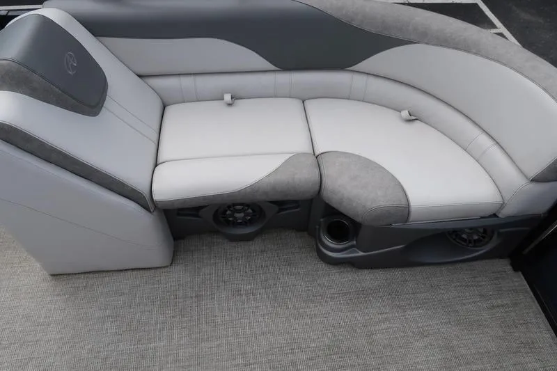 Slide: The Image of 2022 Avalon 26 LSV VRB boat interior with gray and white cushioned seating. - 10