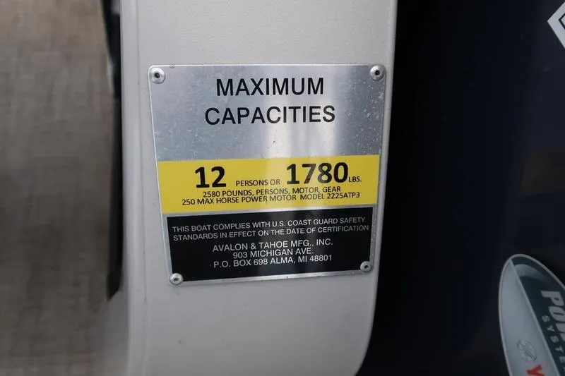 Slide: The Image of 2022 Avalon 26 LSV VRB capacity plate: 12 persons or 1780 lbs, 250 HP max. - 16