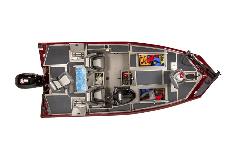 Slide: The Image of Manufacturer Provided Image: 2022 Lowe Stinger 188 fishing boat, top view, red and gray interior, equipped with storage and seating. - 17