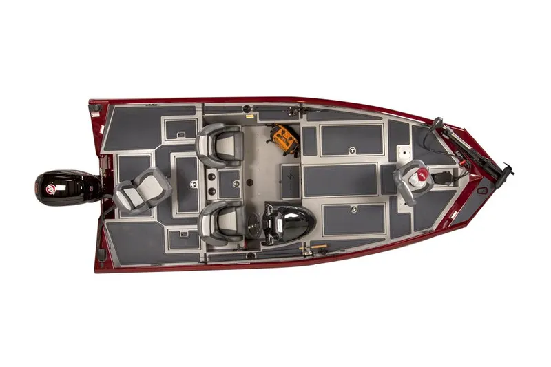 Slide: The Image of Manufacturer Provided Image: 2022 Lowe Stinger 188 fishing boat, top view, red and gray design, equipped with seats and storage compartments. - 18