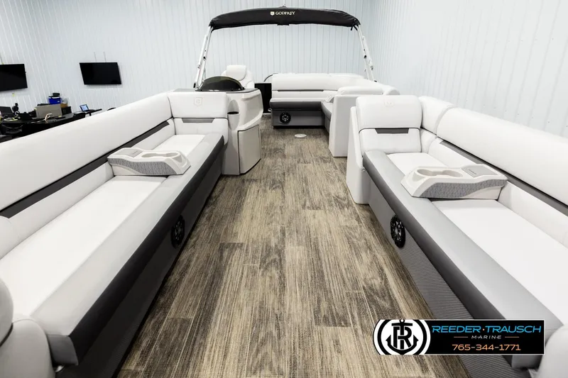 Slide: The Image of Interior of 2023 Godfrey SW2286C pontoon boat with spacious seating and modern design. - 13