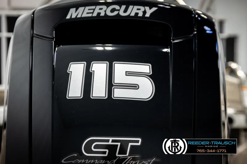 Slide: The Image of Mercury 115 Command Thrust engine on 2023 Godfrey SW2286C boat, Reeder-Trausch Marine branding. - 46