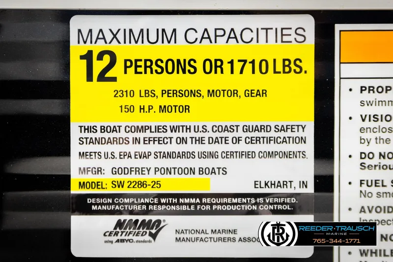 Slide: The Image of Godfrey SW2286C 2023 boat capacity label: 12 persons, 1710 lbs, 150 HP motor compliance. - 53