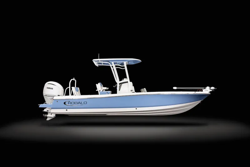 Slide: The Image of Manufacturer Provided Image: 2025 Robalo 246 Cayman boat, blue and white, side view on black background. - 3