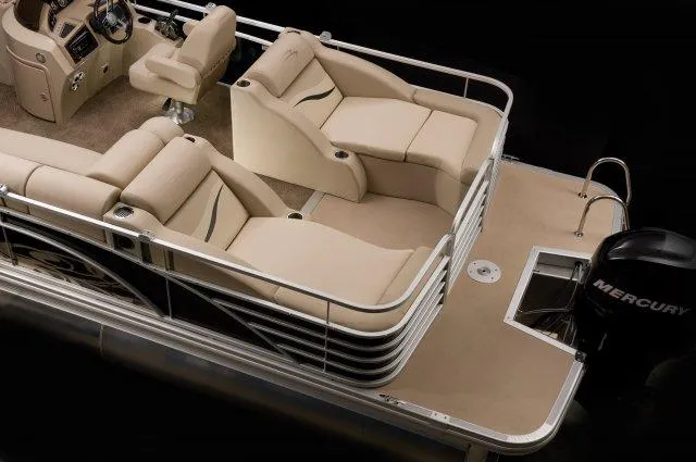 Slide: The Image of Manufacturer Provided Image: 2015 Bennington 2275 GCW pontoon boat with beige seating and Mercury outboard motor. - 12