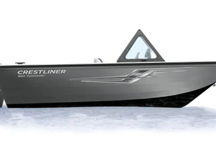 Slide: The Image of 2026 Crestliner 1850 Commander boat, sleek design, side view, gray exterior. - 14