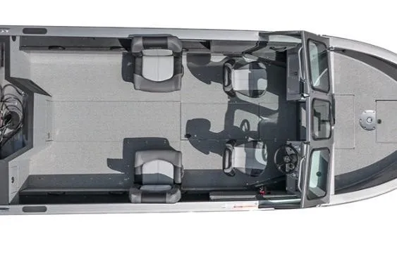 Slide: The Image of 2026 Crestliner 1850 Commander boat interior, top view, showcasing seating and steering layout. - 2
