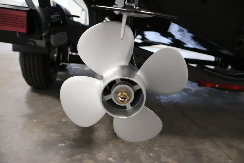 Slide: The Image of Propeller of 2026 Crestliner 1850 Commander boat on trailer in garage. - 38