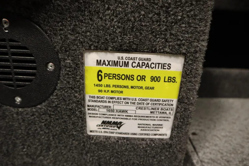 Slide: The Image of Capacity label on 2026 Crestliner 1650 Hawk Side Console, 6 persons or 900 lbs. - 31