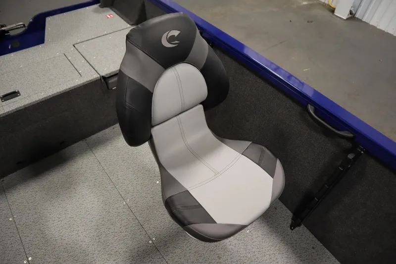 Slide: The Image of 2026 Crestliner 1650 Hawk Side Console boat seat, gray and black design. - 34