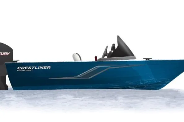 Slide: The Image of 2026 Crestliner 1650 Hawk Side Console boat in blue, side view on water. - 51