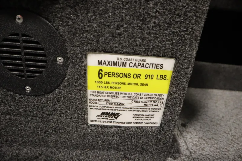 Slide: The Image of 2026 Crestliner 1750 Hawk Side Console capacity label, 6 persons or 910 lbs, 115 HP motor. - 29