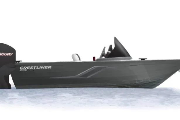 Slide: The Image of 2026 Crestliner 1750 Hawk Side Console boat on water, featuring sleek design and Mercury engine. - 44