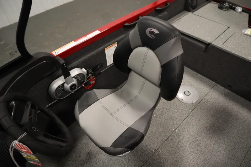 Slide: The Image of 2026 Crestliner 1750 Hawk Walkthrough boat interior with gray and black captain's seat. - 28