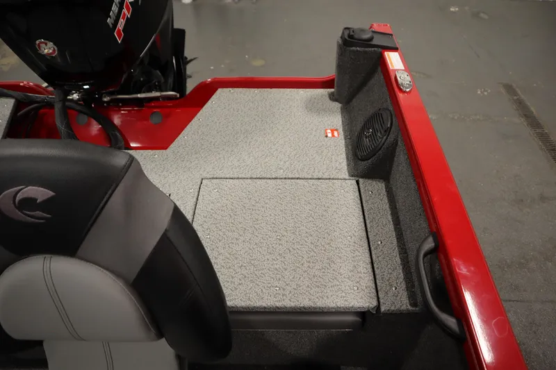 Slide: The Image of 2026 Crestliner 1750 Hawk Walkthrough boat interior with red accents and seating. - 37