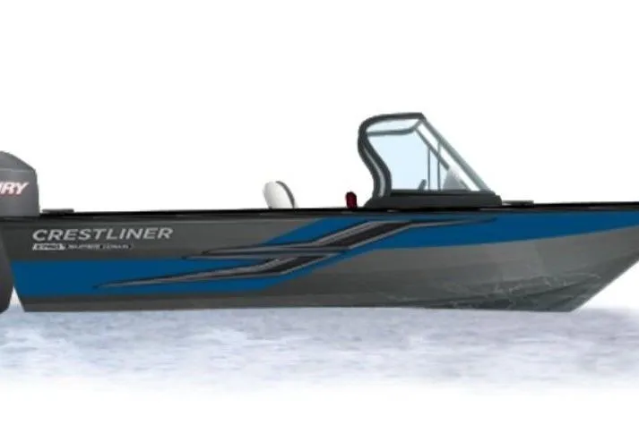 Slide: The Image of 2026 Crestliner 1750 Super Hawk boat with sleek blue and gray design. - 10