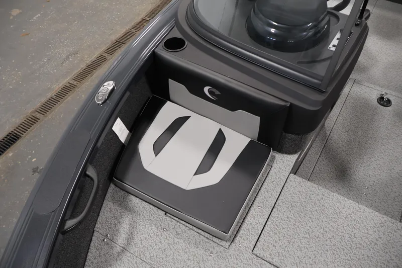 Slide: The Image of 2026 Crestliner 1750 Super Hawk with Minn Kota trolling motor in a garage setting. - 14