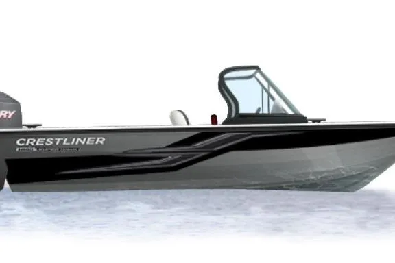 The Image of 2026 Crestliner 1850 Super Hawk boat on water, sleek design, black and gray exterior. - 1