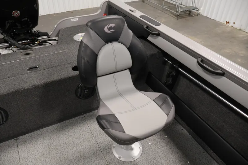 Slide: The Image of 2026 Crestliner 1850 Super Hawk boat seat, featuring sleek gray and black design. - 24