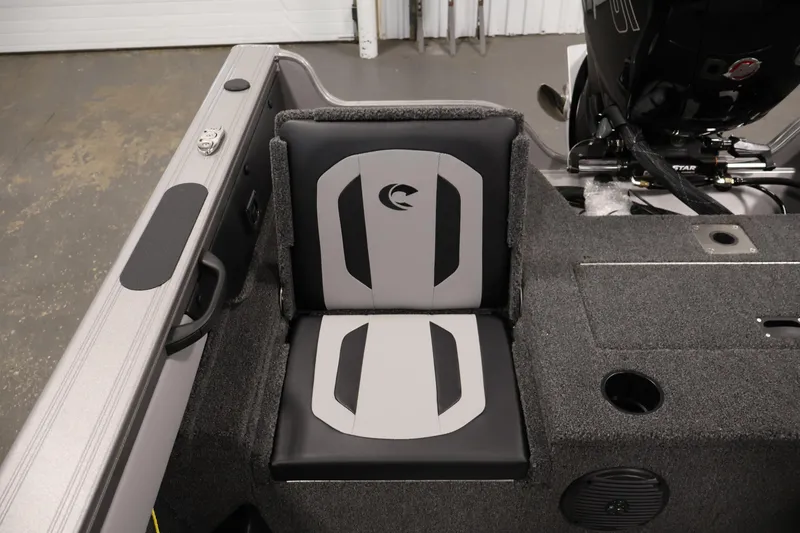 Slide: The Image of 2026 Crestliner 1850 Super Hawk boat seat with gray and black upholstery. - 27
