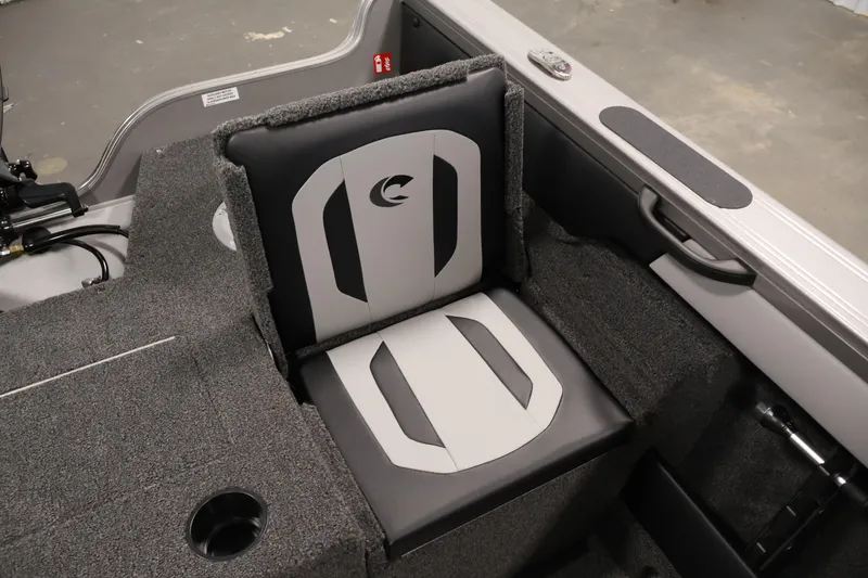 Slide: The Image of 2026 Crestliner 1850 Super Hawk boat seat with gray and black upholstery. - 28