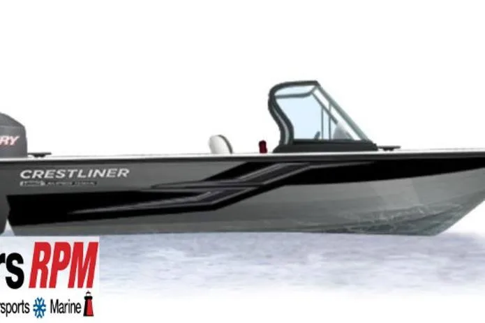 Slide: The Image of 2026 Crestliner 1850 Super Hawk boat with sleek design on water. - 44