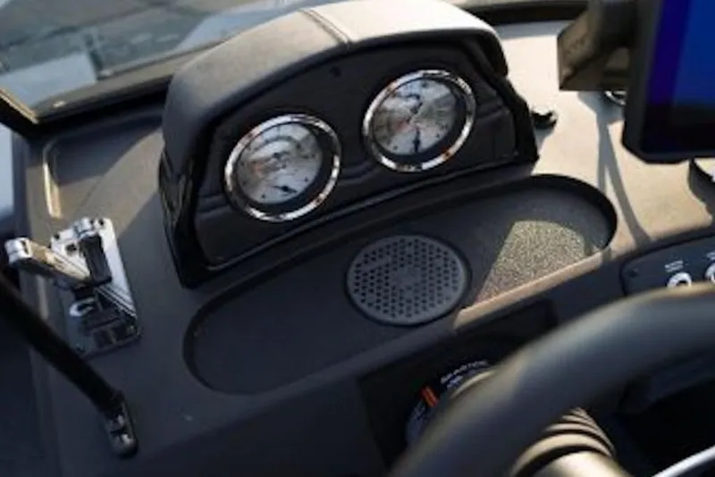 Slide: The Image of Dashboard of 2026 Crestliner 1850 Super Hawk boat with gauges and controls. - 7