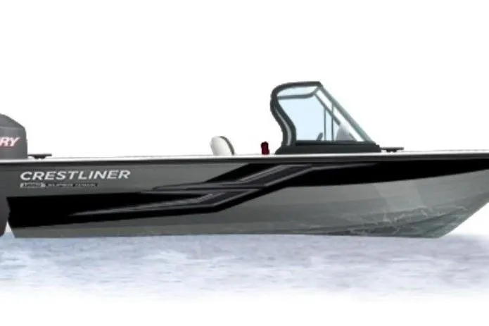 Slide: The Image of 2026 Crestliner 1850 Super Hawk boat with sleek black design on water. - 8