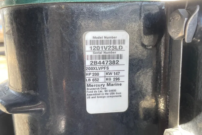 Slide: The Image of Label on Mercury Marine engine, model 1201V23LD, serial 2B447382, 200 HP, 2018 Tahoe 2150. - 56