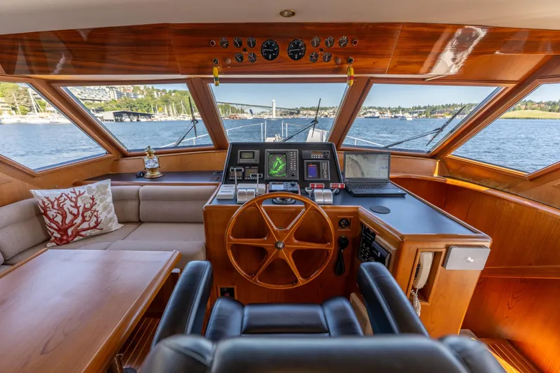 Slide: The Image of Luxurious 1995 Ocean Alexander 486 Classicco Pilothouse interior with navigation equipment. - 12