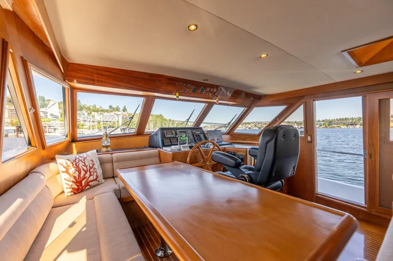 Slide: The Image of Luxurious 1995 Ocean Alexander 486 Classicco Pilothouse interior with panoramic windows and elegant seating. - 4