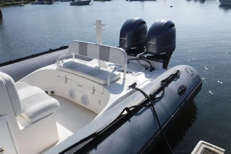 Slide: The Image of 2015 Zodiac 28 Pro Optimum boat with dual engines on calm water. - 1