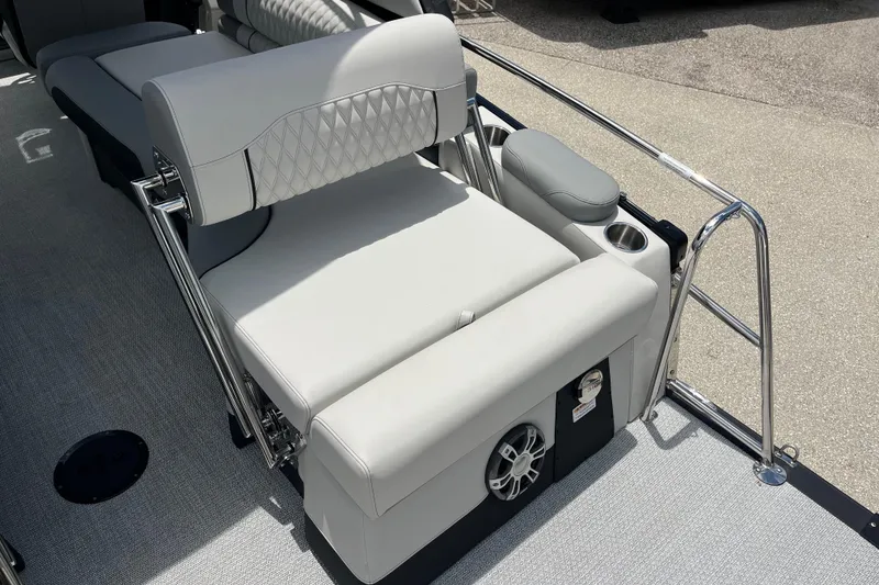 Slide: The Image of Luxurious seating on 2026 Avalon 2785 Excalibur LTD boat with premium upholstery and speaker system. - 22