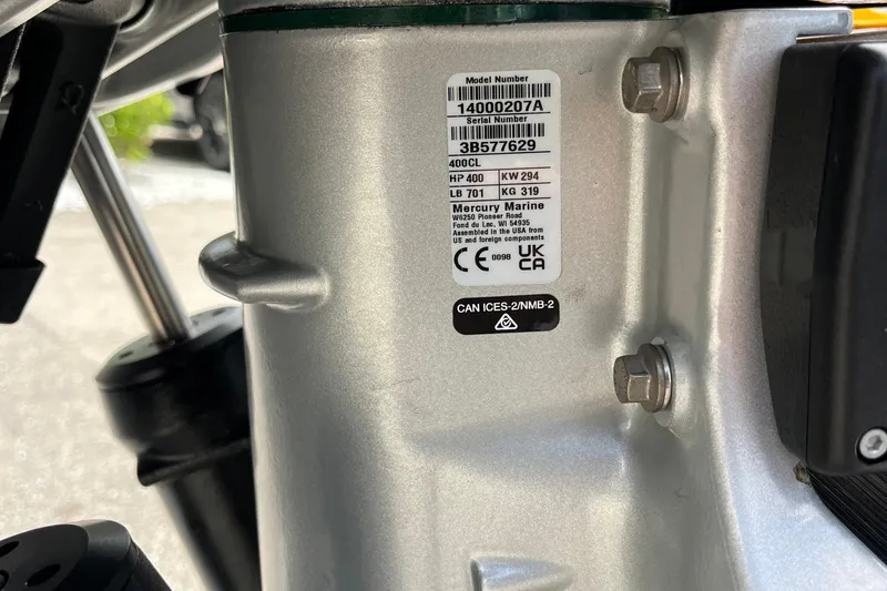 Slide: The Image of Close-up of Mercury Marine engine label on Avalon 2785 Excalibur LTD, 2026 model. - 26