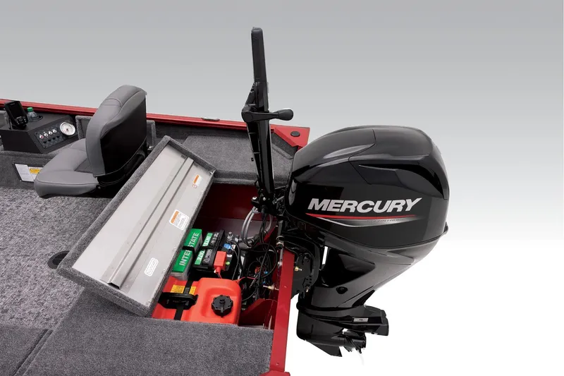 Slide: The Image of Manufacturer Provided Image: 2025 Tracker Super Guide V-16 T boat with Mercury outboard motor and storage compartment. - 19