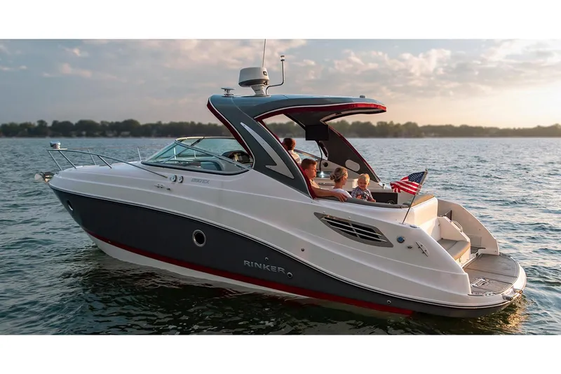 Slide: The Image of Manufacturer Provided Image: 2020 Rinker 290 EX boat cruising on a lake at sunset. - 30