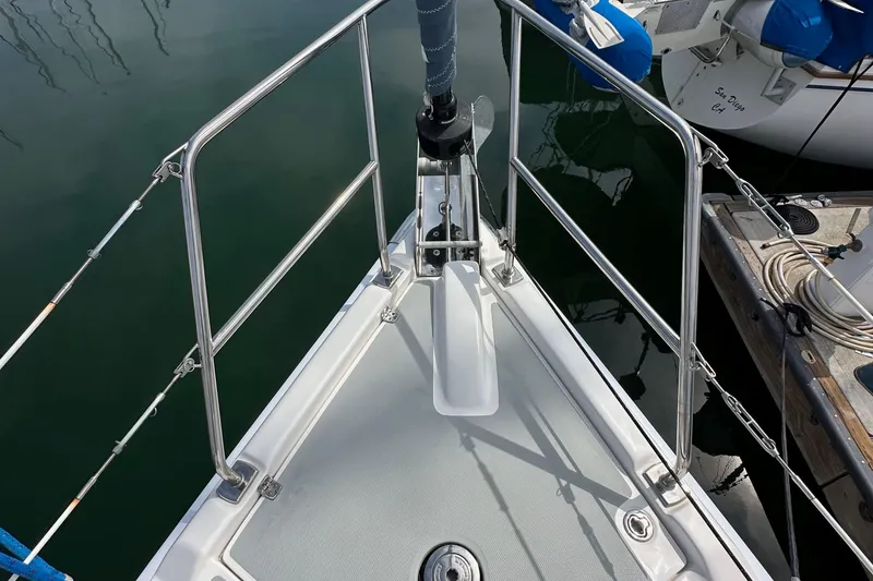 Slide: The Image of Bow of a 2008 Hunter 36 sailboat with stainless steel railings. - 14
