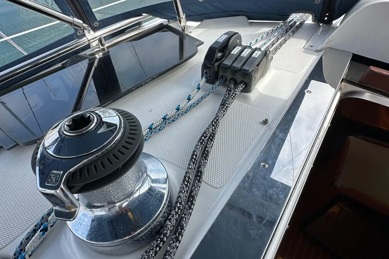 Slide: The Image of Winch and rope clutches on 2008 Hunter 36 sailboat deck. - 40