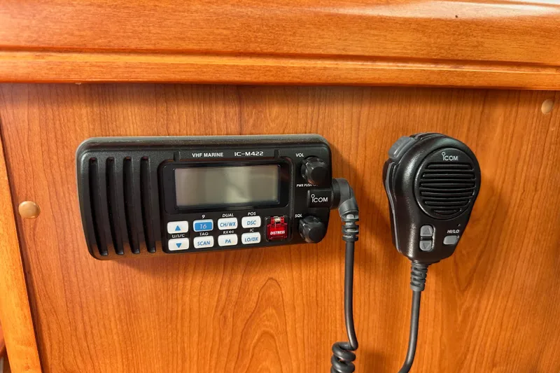 Slide: The Image of VHF marine radio IC-M422 on 2008 Hunter 36 sailboat's wooden panel. - 69