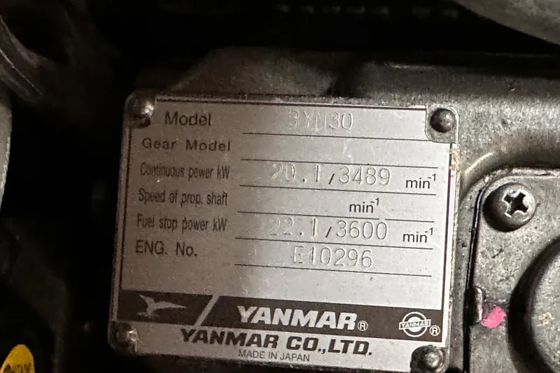 Slide: The Image of Yanmar engine plate on a 2008 Hunter 36, model 3YM30, showing specifications. - 86