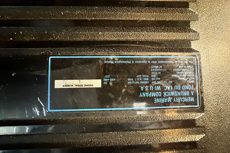 Slide: The Image of Mercury Marine engine label on 1990 Sea Ray 380 Aft Cabin boat. - 63