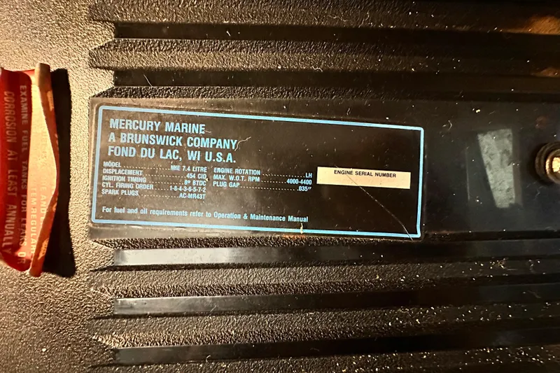 Slide: The Image of Mercury Marine engine label on 1990 Sea Ray 380 Aft Cabin, detailing specifications and serial number. - 65