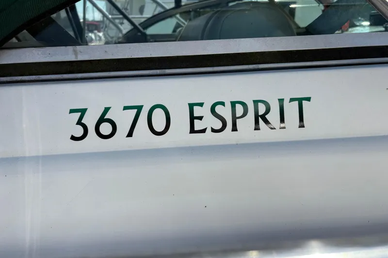 Slide: The Image of 1989 Cruisers 3670 Esprit boat nameplate, close-up view. - 3