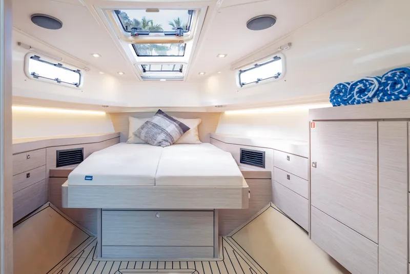 Slide: The Image of Luxurious cabin interior of 2021 Fjord 40 Open yacht with modern design and skylight. - 17