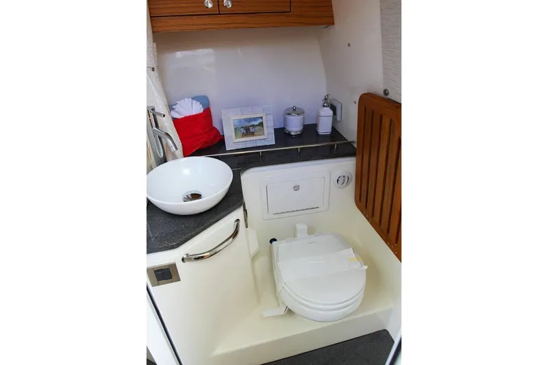 Slide: The Image of Manufacturer Provided Image: 2019 Boston Whaler 380 Realm boat bathroom with sink and toilet. - 17